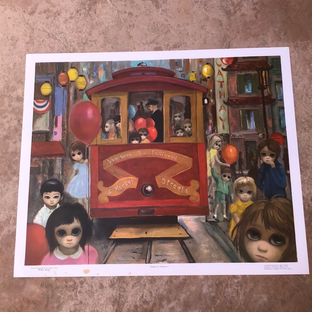 1963 Vintage Keane Print Big Eyes Sunday In Chinatown Midcentury Lithograph